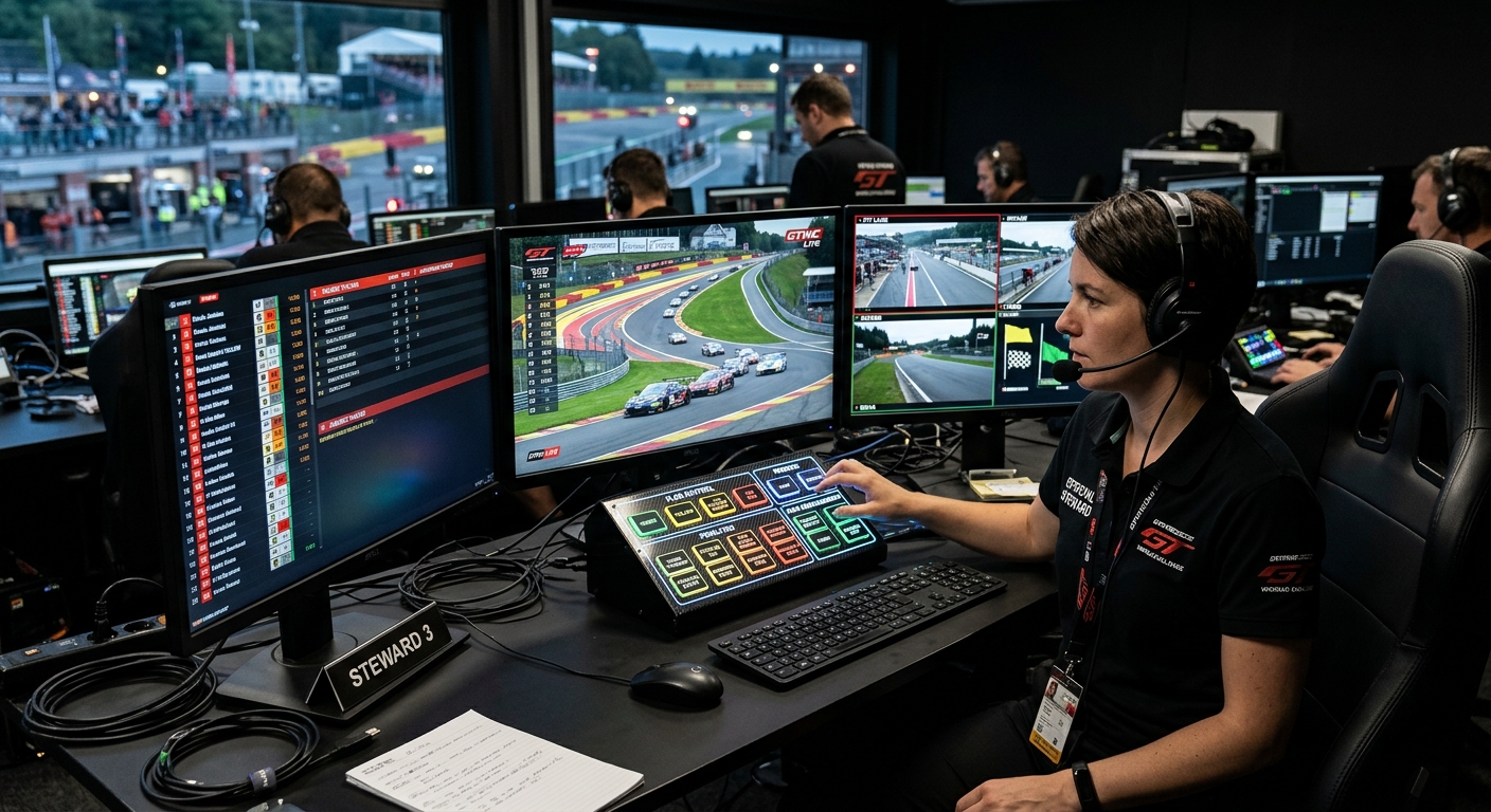 A professional race control setup featuring labeled button boxes and multiple monitors for incident management.