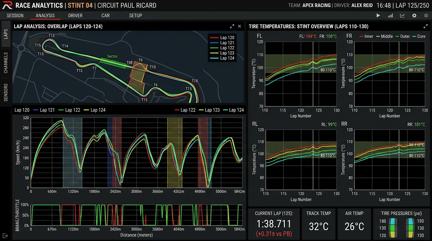 Comparing lap time consistency and tire wear through telemetry is essential for maintaining pace over long durations.