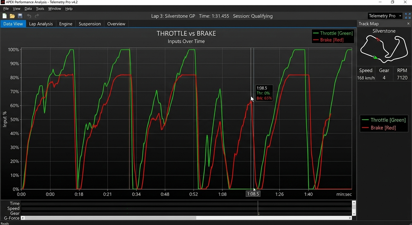 Telemetry data showing the perfect overlap between throttle release and brake application for maximum efficiency.