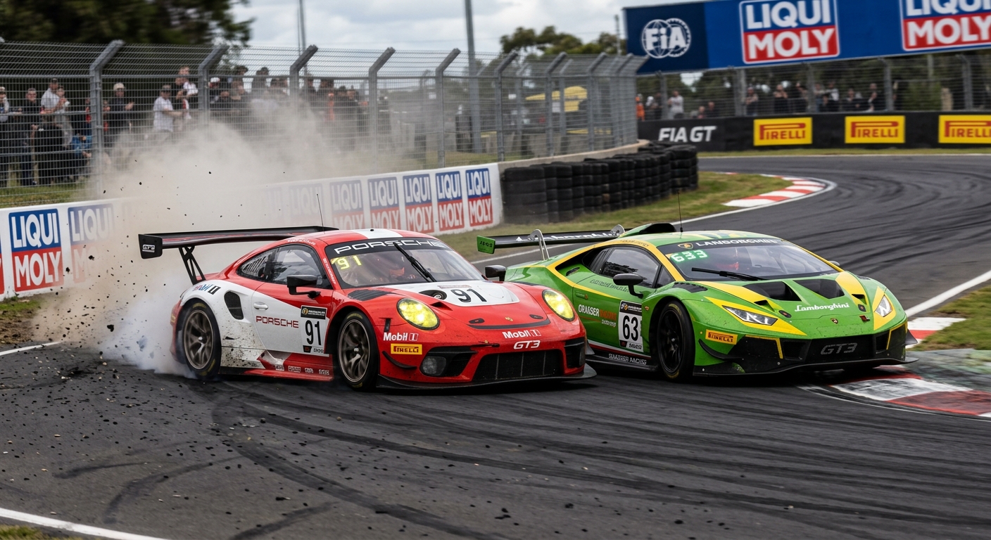 Intense final-lap battle between GT3 cars at a high-speed corner.