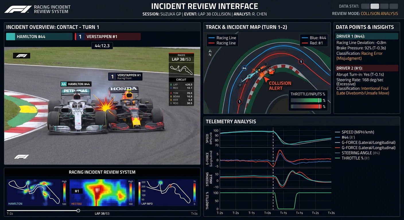 An incident review interface highlighting car telemetry and contact points to distinguish between racing errors and intentional fouls.