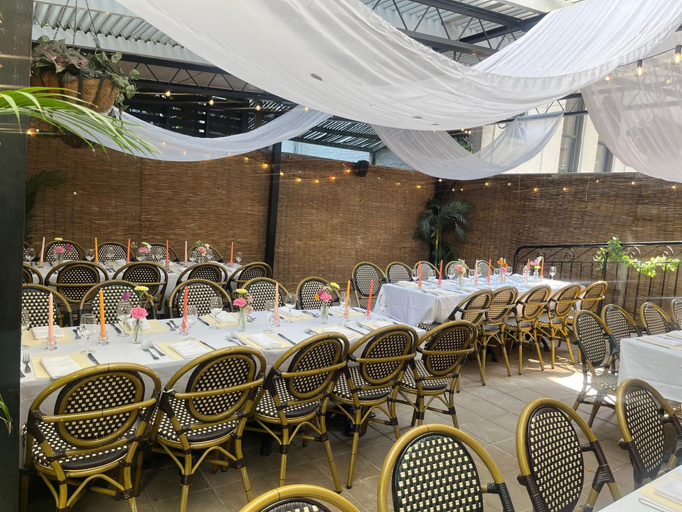 tables and chairs set up for a party with candles and flowers