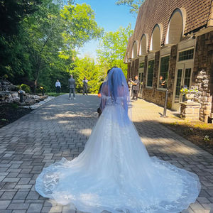 a bride in a white dress with a blue veil