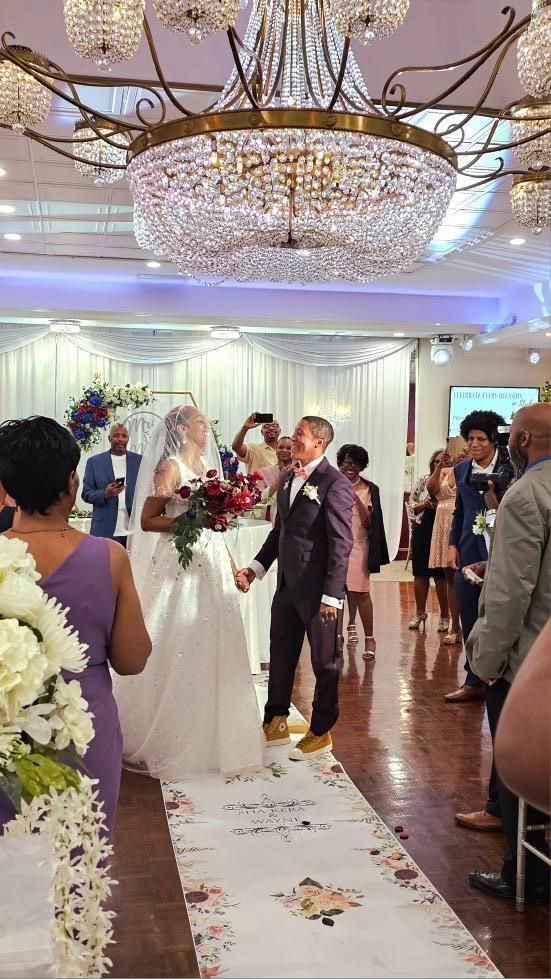 a bride and groom are walking down the aisle at their wedding