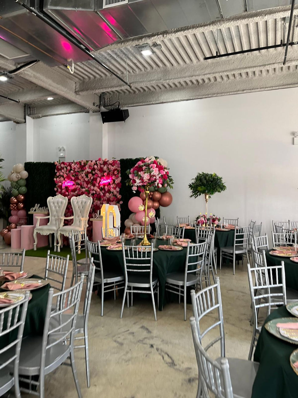 a large room with tables and chairs set up for a party