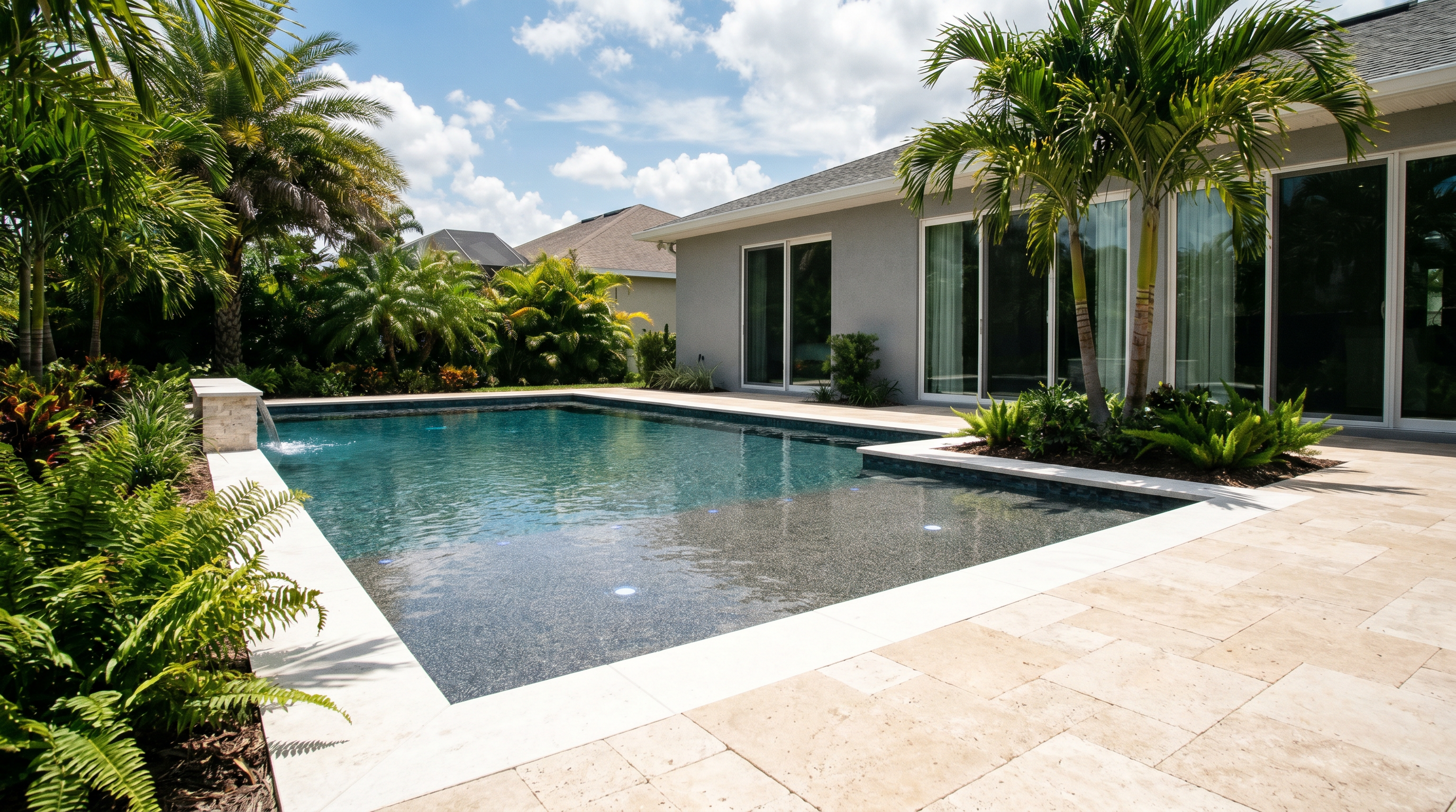 Renovated pool with pebble finish and LED lighting in Davenport FL backyard, surrounded by tropical landscaping and palm trees