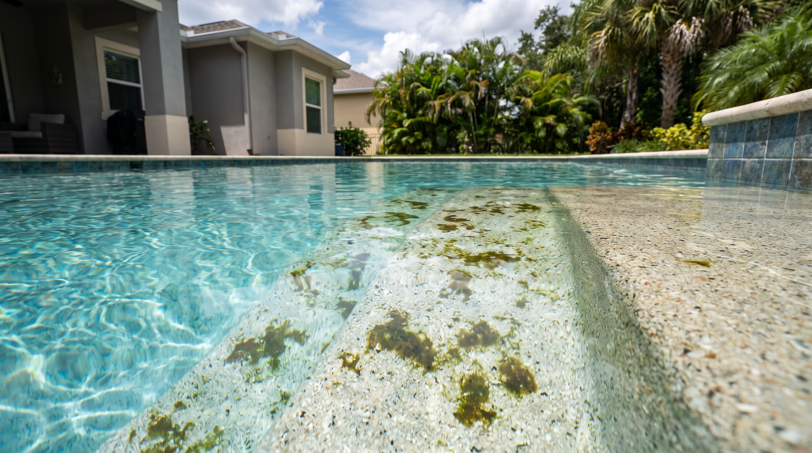 Close-up of black algae spots on pool plaster steps in a Central Florida backyard pool