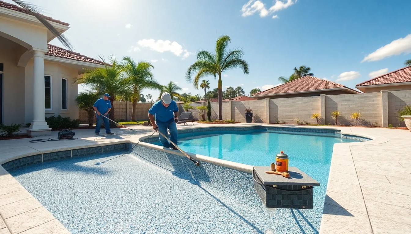 Pool resurfacing cost Winter Garden FL - workers applying new pool surface finish to residential swimming pool