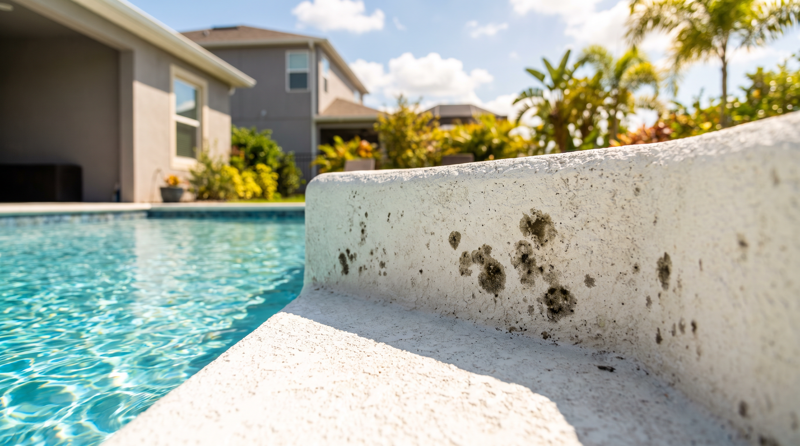 Close-up of black algae spots on pool plaster surface in a Central Florida backyard pool