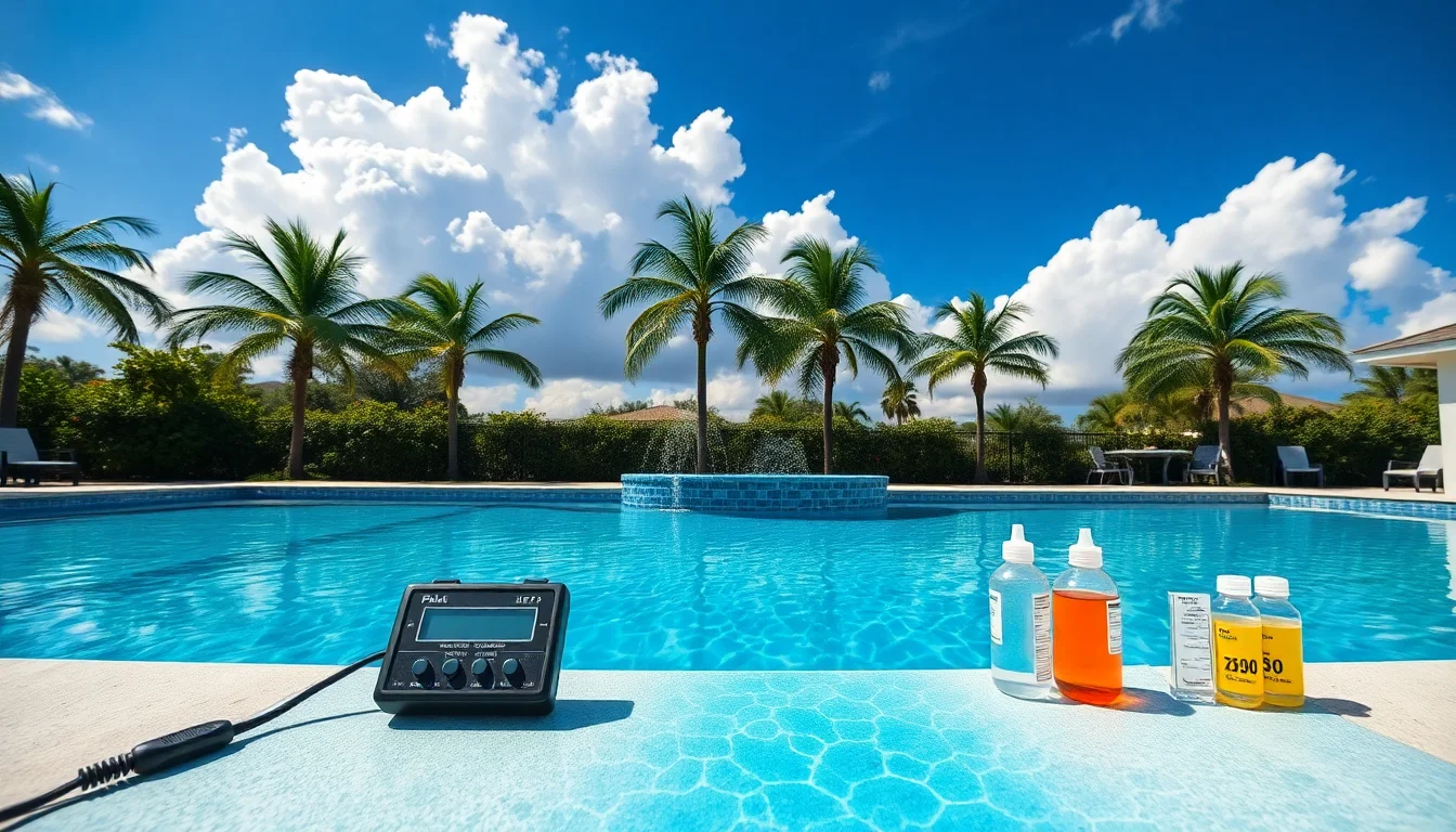Pool owner testing pH levels with digital meter in backyard swimming pool, Florida setting