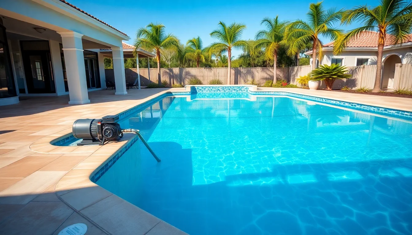 Salt water pool vs chlorine comparison showing clear blue pool water with salt chlorine generator equipment visible, representing pool maintenance choices for Central Florida homeowners