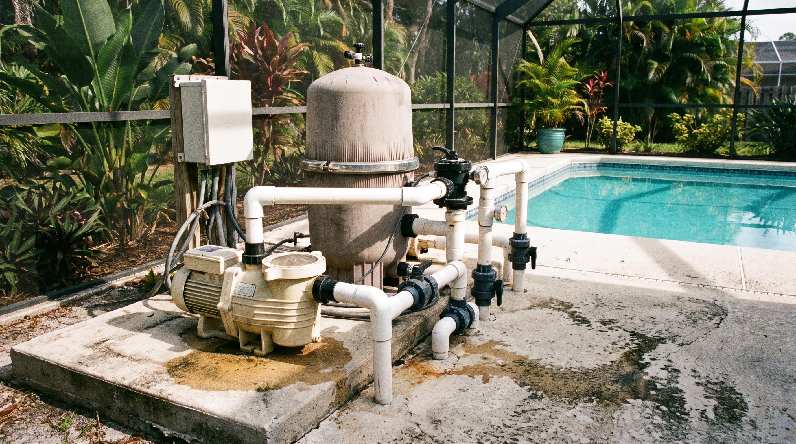 Pool pump and filter system on a concrete equipment pad next to a Florida backyard pool, natural daylight
