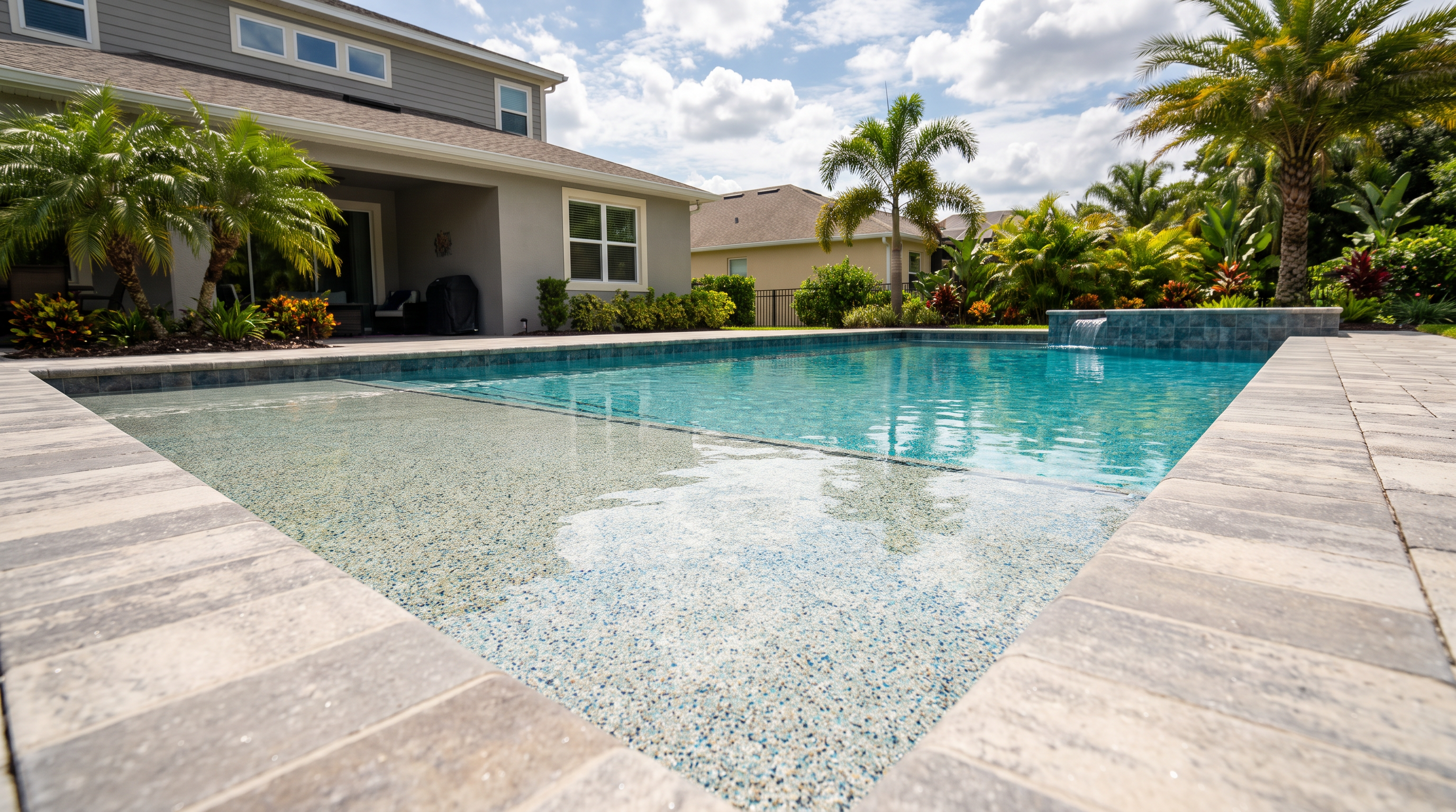 Freshly resurfaced pool showing smooth pebble finish, illustrating how much does pool resurfacing cost