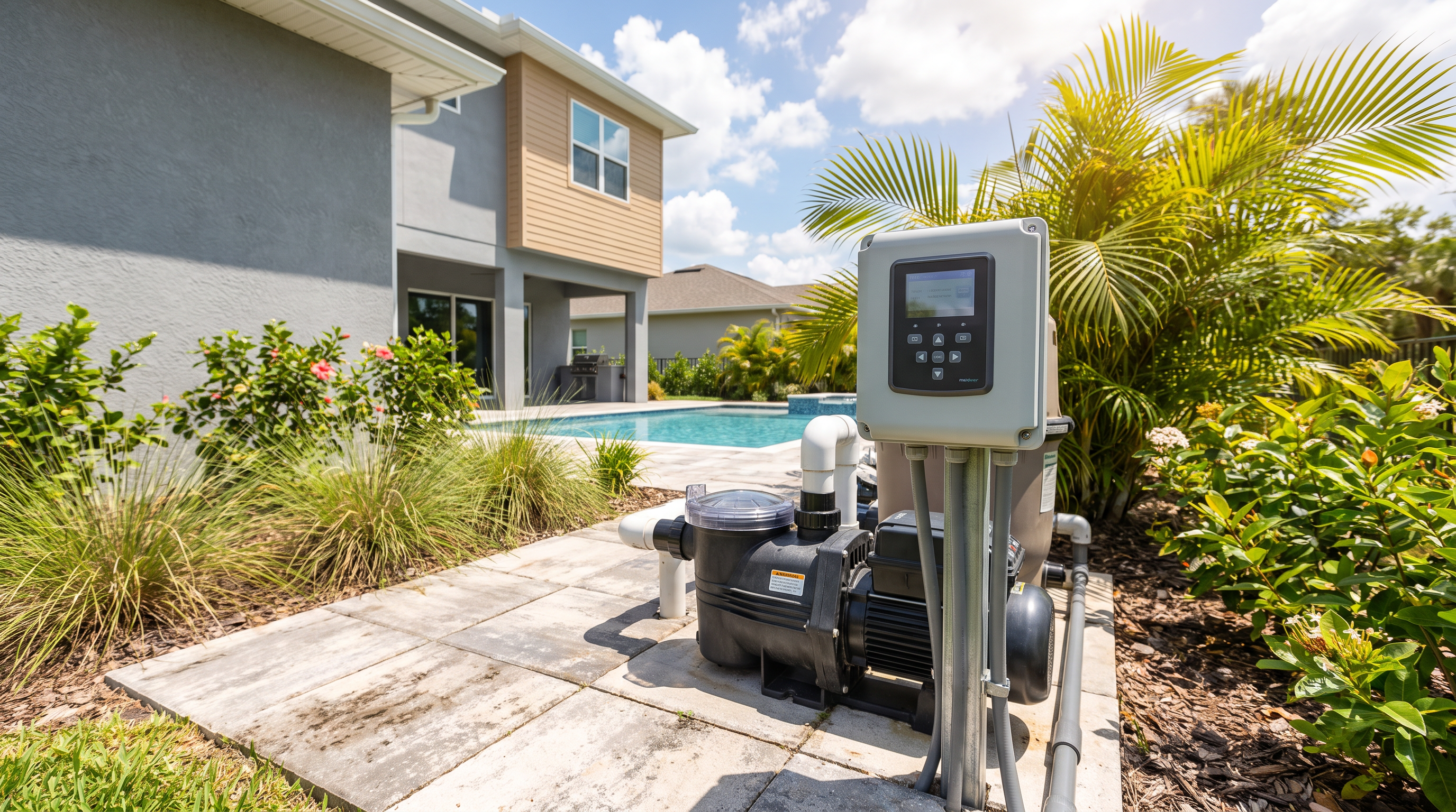 Smart pool automation control panel beside a clean pool in Winter Garden, Florida