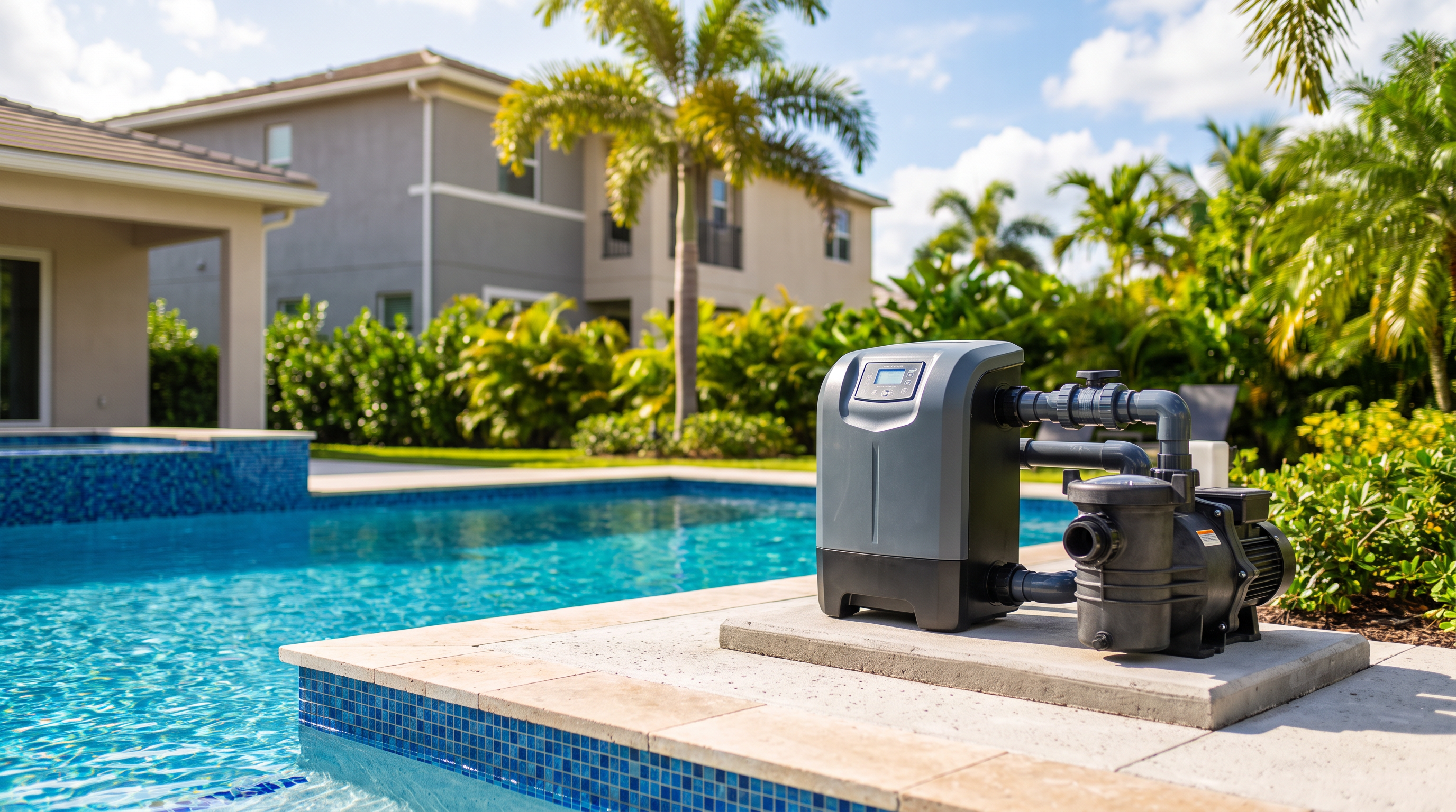 Saltwater pool conversion cost Florida shown through salt chlorine generator equipment beside a sparkling backyard pool