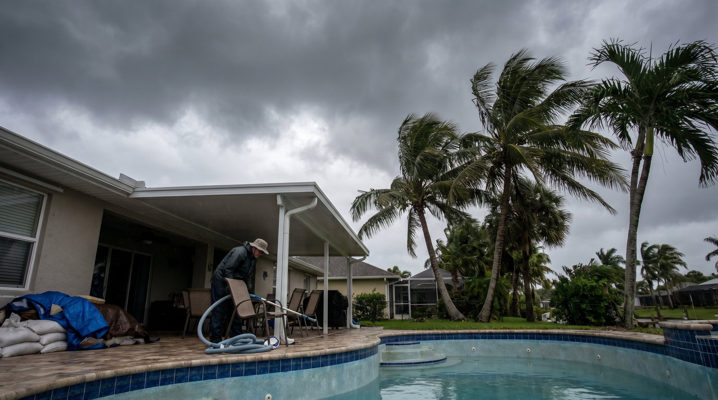 Florida homeowner securing pool area and checking equipment before hurricane season arrives