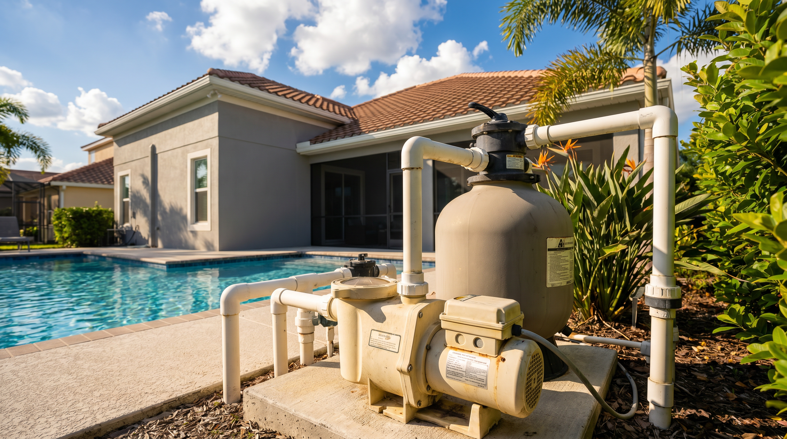 Pool pump and filter equipment beside a clean sparkling blue pool in Winter Garden FL under bright Florida sun