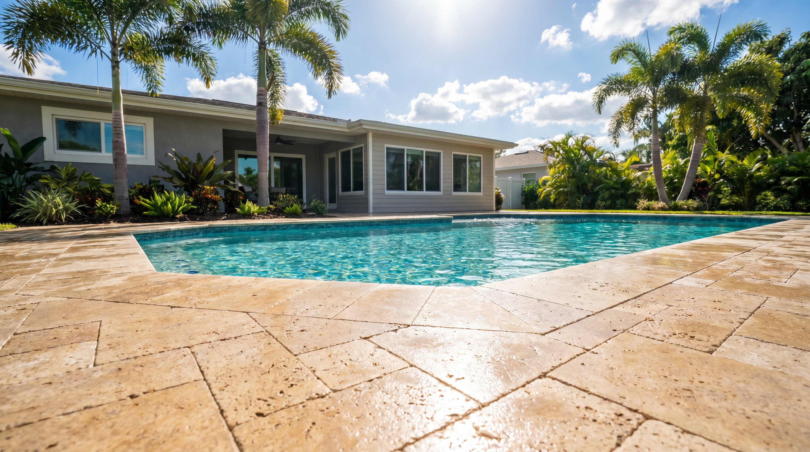Freshly resurfaced pool deck in Central Florida with travertine pavers surrounding a sparkling blue pool
