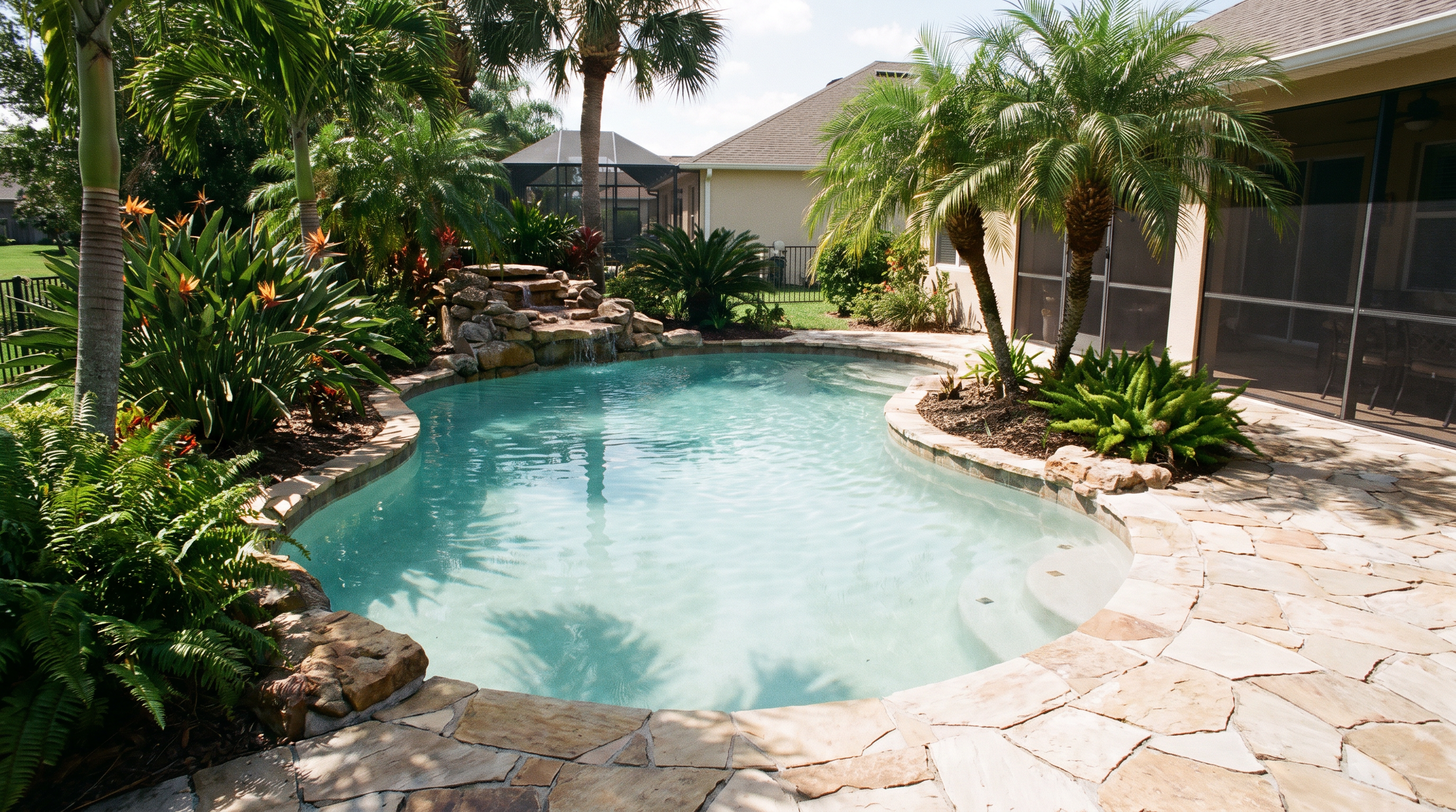 Residential Florida backyard pool with slightly cloudy water on a sunny day, tropical landscaping, photorealistic wide shot