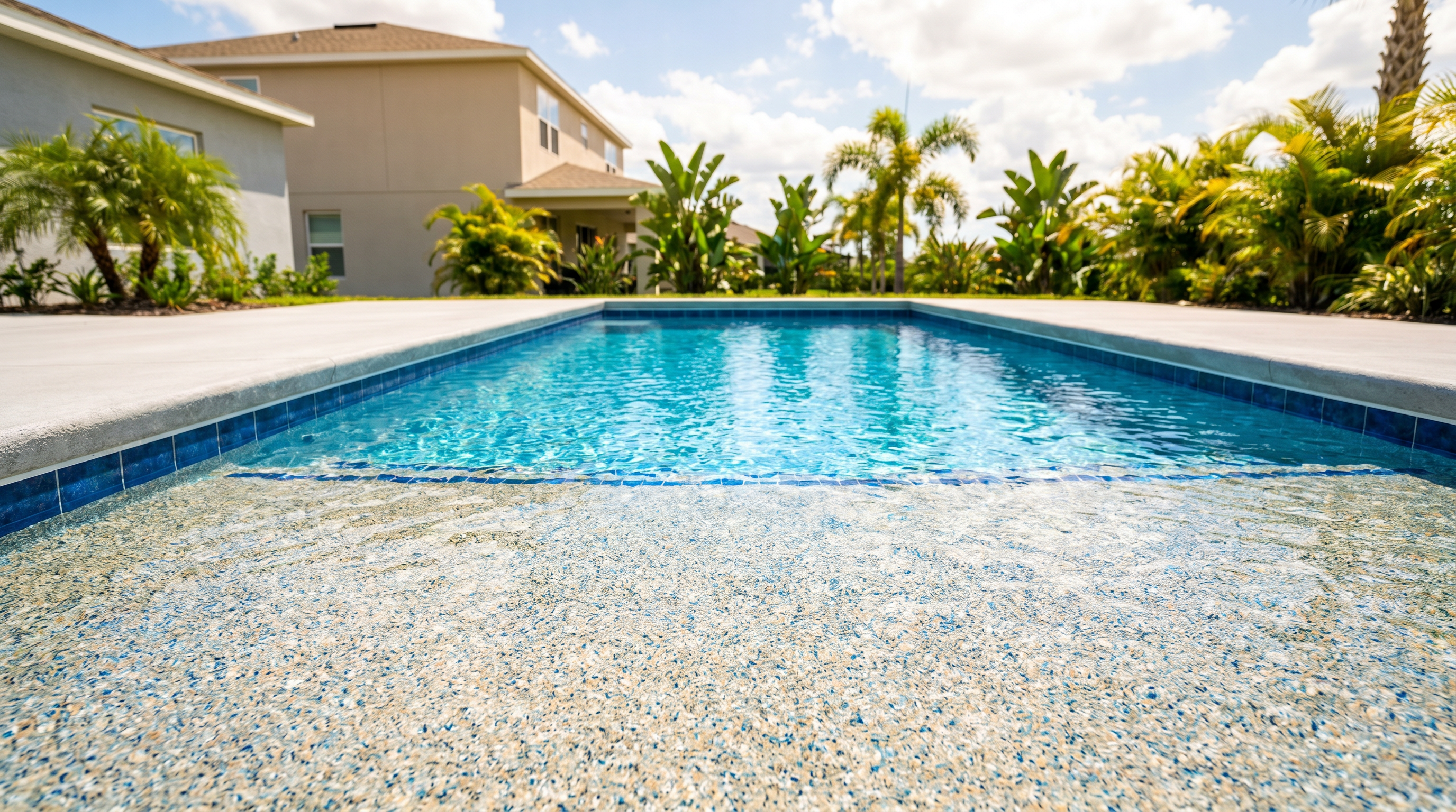 Freshly resurfaced pool with sparkling blue water in Kissimmee FL, surrounded by palm trees and Florida landscaping