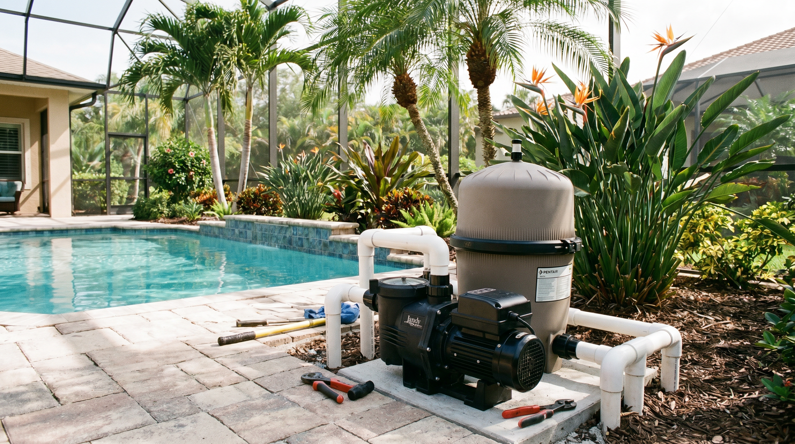 Variable speed pool pump installation in Florida backyard showing energy efficient equipment