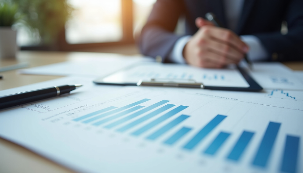A person in a business suit sitting at a desk with papers and graphs in front of him.