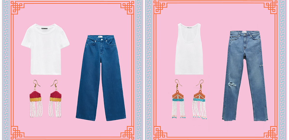 blue jeans white shirt beaded earrings