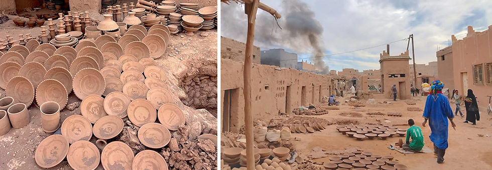 Tamegrout pottery market with tan clay pots and plates displayed. People in colorful attire walk along an area with traditional kilns with a smoky sky in a rustic village.