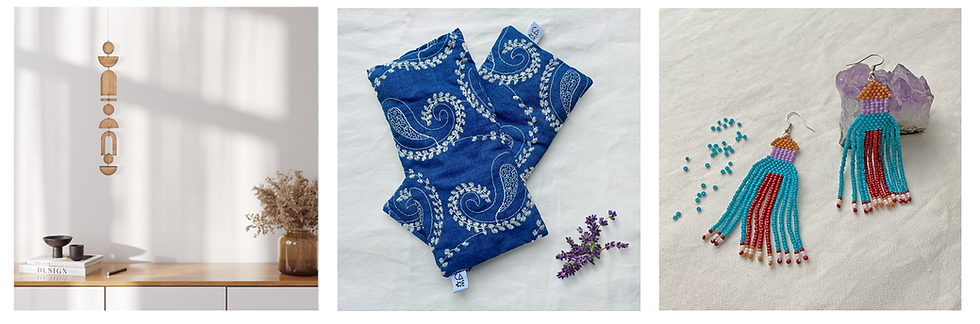 bamboo wall hanging, lavender eye pillows and beaded earrings