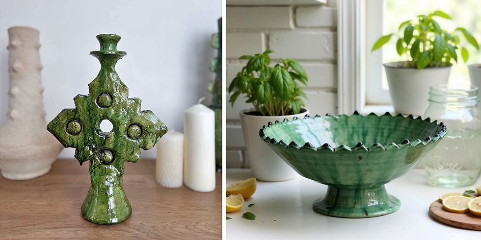 Green ceramic Tamegroute candle holder and bowl on a wooden table. Background includes candles, plants, and a sliced lemon. Bright, natural light setting.