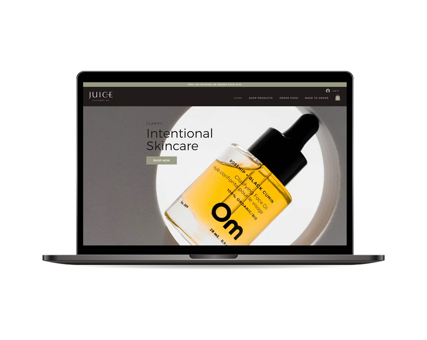 The Juice Factory RX e-commerce website, designed by a Web Designer in Edmonton AB, is displayed on a laptop.