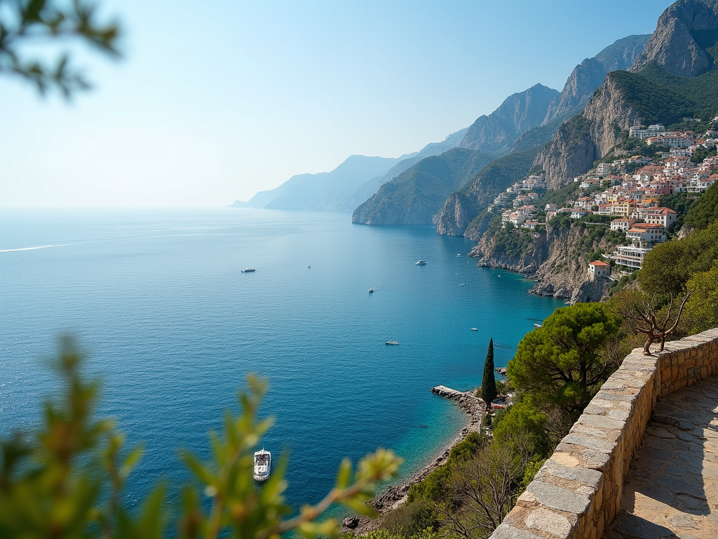 A breathtaking view of Positano on the Amalfi Coast with vintage colorful buildings cliffside facing the mediterranean sea.