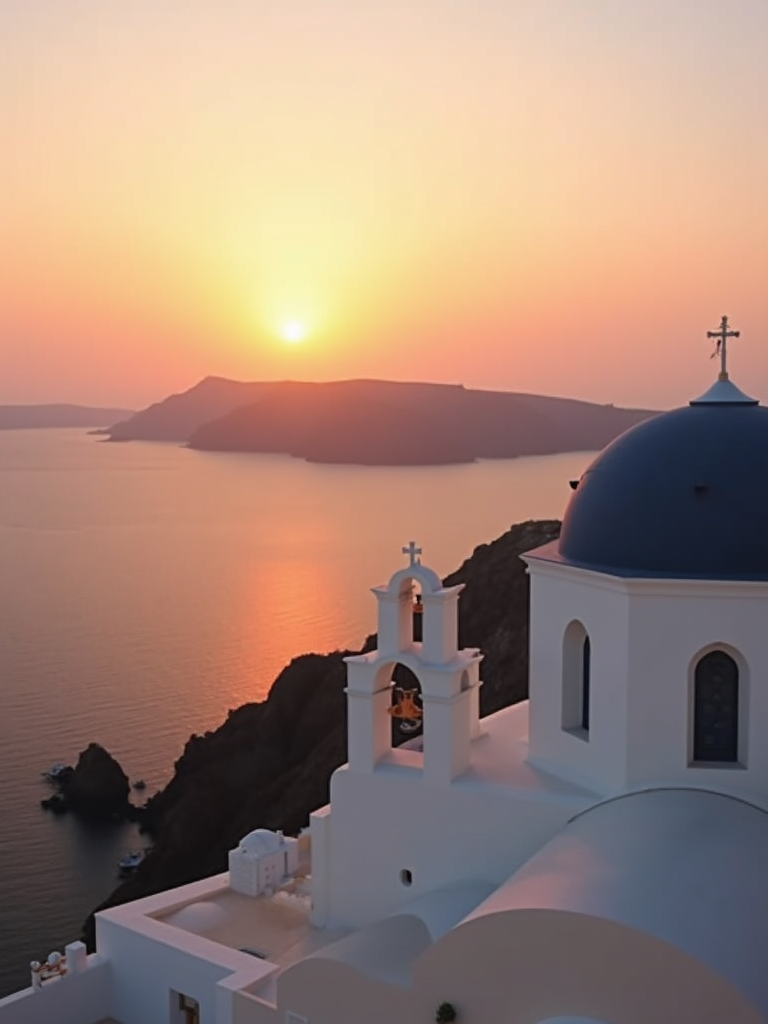 Iconic blue domes and whitewashed buildings over the caldera in Santorini, Greece.