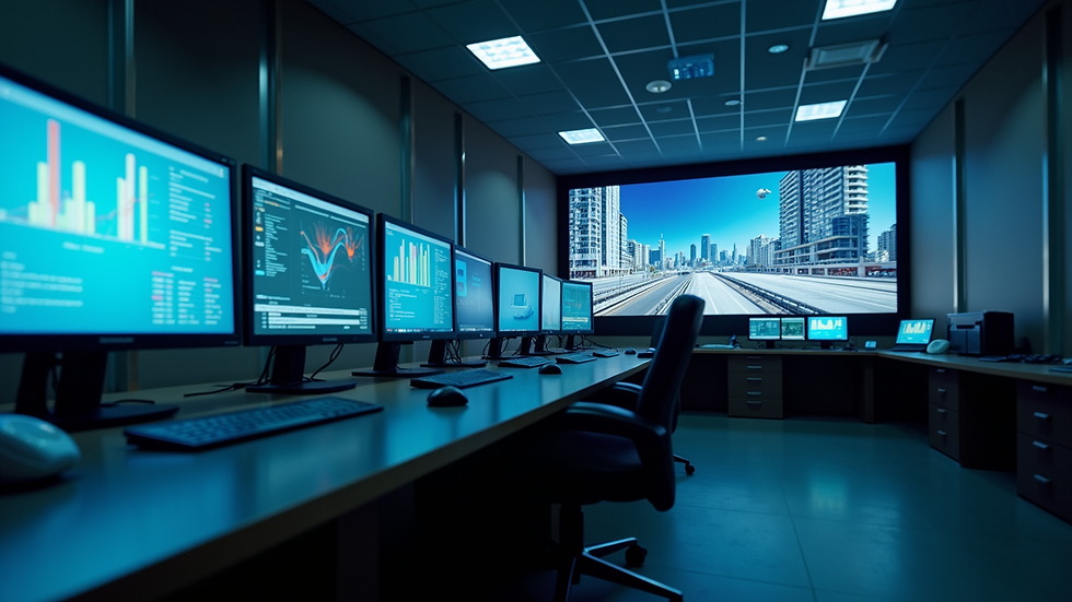 Eye-level view of a digital control room with multiple screens showing city data
