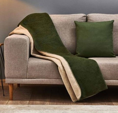 JolyHome Çift Taraflı Pamuklu Tv Battaniyesi - Yeşil / Bej - 130x170 cm