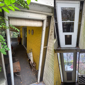 Screen door install project before and after with doggie door