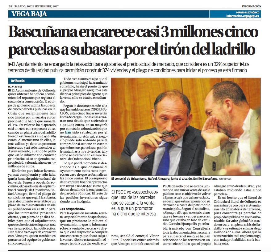 Diario Información, periódico. Noticia PSOE venta parcelas Orihuela costa Bascuñana