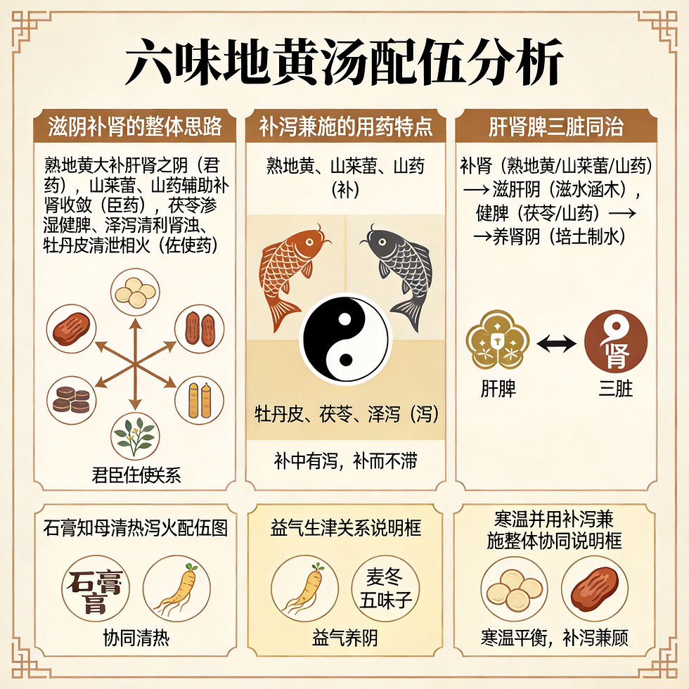 「六味地黃丸」可以說是「滋陰補腎」的經典核心方劑,主治「腎陰虛證」,是為腎陰虧損,兼有虛火內擾之證而設計,以「滋陰補腎」立法,所謂「壯水之主,以制陽光」是也。 主要症狀是:腰膝酸軟、頭暈目眩、耳鳴耳聾、盜汗、遺精、糖尿病、骨蒸潮熱、手足心熱、口乾舌燥、咽喉痛、牙齒動搖、腳跟痛,以及小兒囟門不合,舌紅少苔,脈沉細數。 為什麼要補腎?因為「腎為先大之本」,腎陰為一身陰液之根本,所以「腎陰不足」不僅在所有陰虛症狀之中最嚴重,也常常變化出各種複雜症狀,所以古人說「五臟之傷,腎為最重」 由於「腰為腎之府、腎主骨生髓、齒為骨之餘」,當腎陰不足,精虧髓少時,骨失所養所以出現腰膝酸軟無力、牙齒動搖。腦為髓之海,腎陰虧損時髓海空虛,肝血不足,不能上榮頭目,故頭暈目眩。