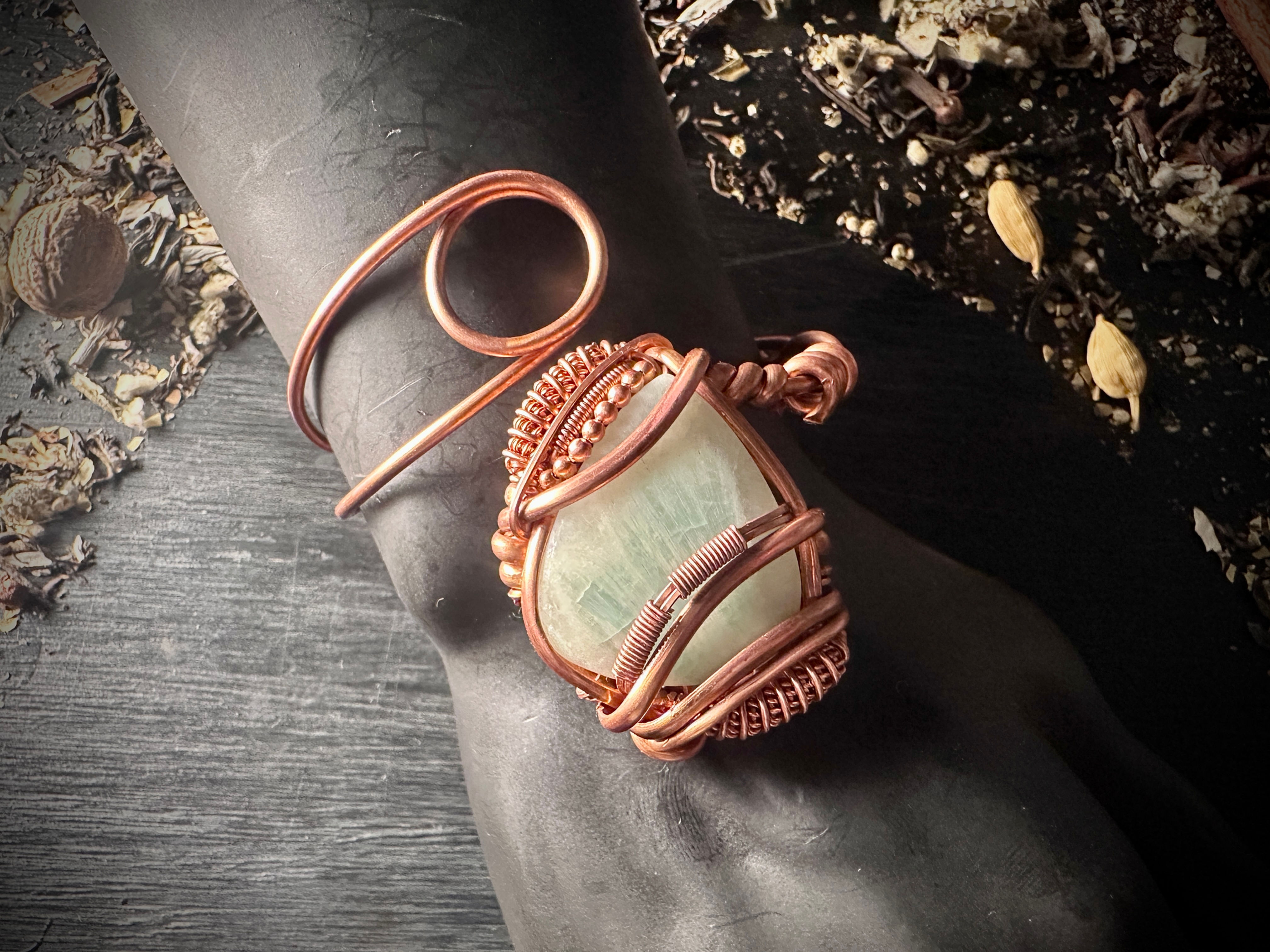 Copper Wrapped Blue Aragonite Armed Amulet