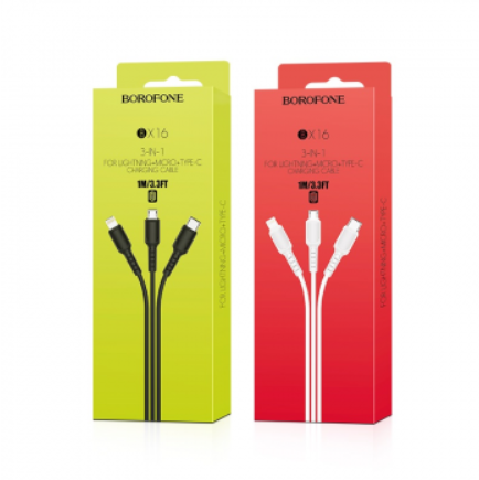 USB DATA кабель - Borofone, BX16, 3in1, Lightning + Micro USB + Type-C, 1m, белы