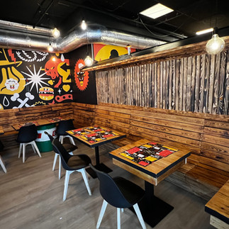 The interior is colorful but rustic