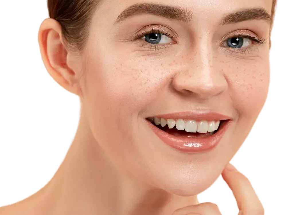 A smiling woman with clear, glowing skin.