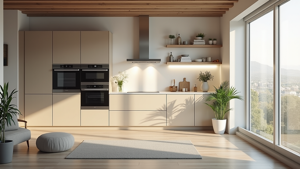 Eye-level view of a modern kitchen with smart appliances