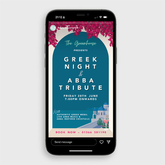 Social media story design for an event at The Greenhouse - Greek Night and Abba Tribute