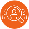 Orange circle background with white line icon showing outlines of three people and a magnifying glass over the central person