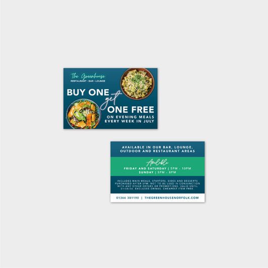 Business card design for Buy One Get One Free Promotional offer for The Greenhouse