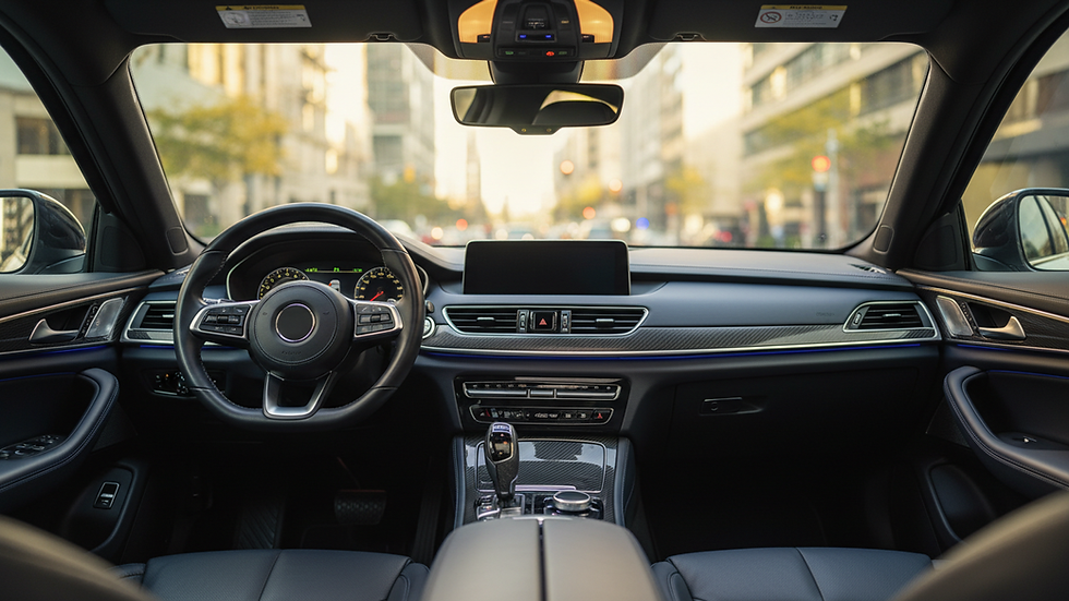 Close-up view of car dashboard and steering wheel cleaned and polished