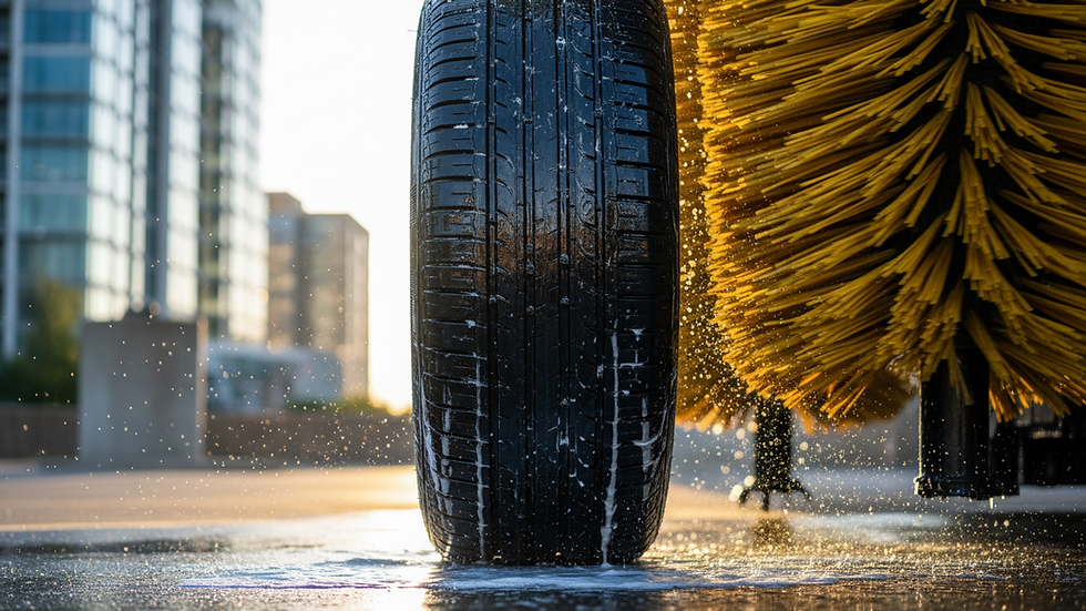 Close-up view of a car tire being cleaned at Uptown Park Car Wash