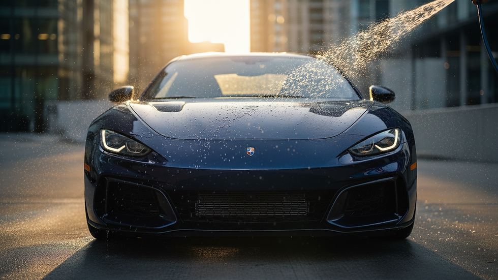 Eye-level view of a clean car exterior being rinsed with water