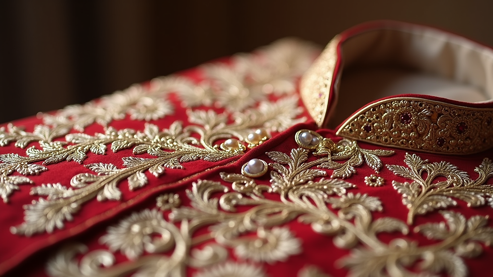 Close-up view of a neatly folded sherwani with intricate embroidery